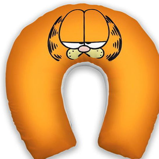 Almofada de pescoço infantil Garfield: rosto do Garfield em destaque sobre fundo laranja.