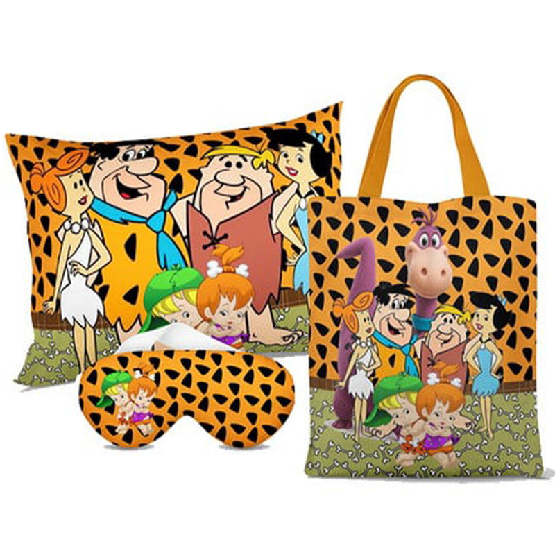 Kit Flintstones personalizado: almofada 20x30 cm, ecobag 25x32 cm e máscara de dormir, estampa oncinha.