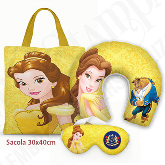 Kit Bela e Fera personalizado: almofada de pescoço infantil, ecobag 36x42 cm e máscara de dormir, estampa amarelo.