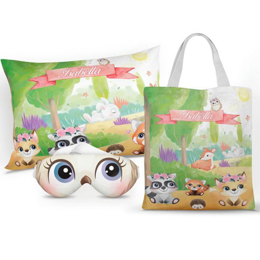 Kit Bosque personalizado: almofada 20x30 cm, ecobag 25x32 cm e máscara de dormir, estampa rosa e verde.