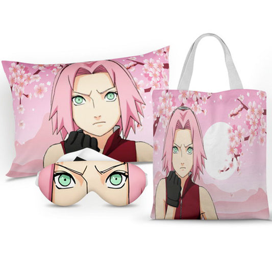 Kit Sakura personalizado: almofada 20x30 cm, ecobag 25x32 cm e máscara de dormir, estampa rosa.