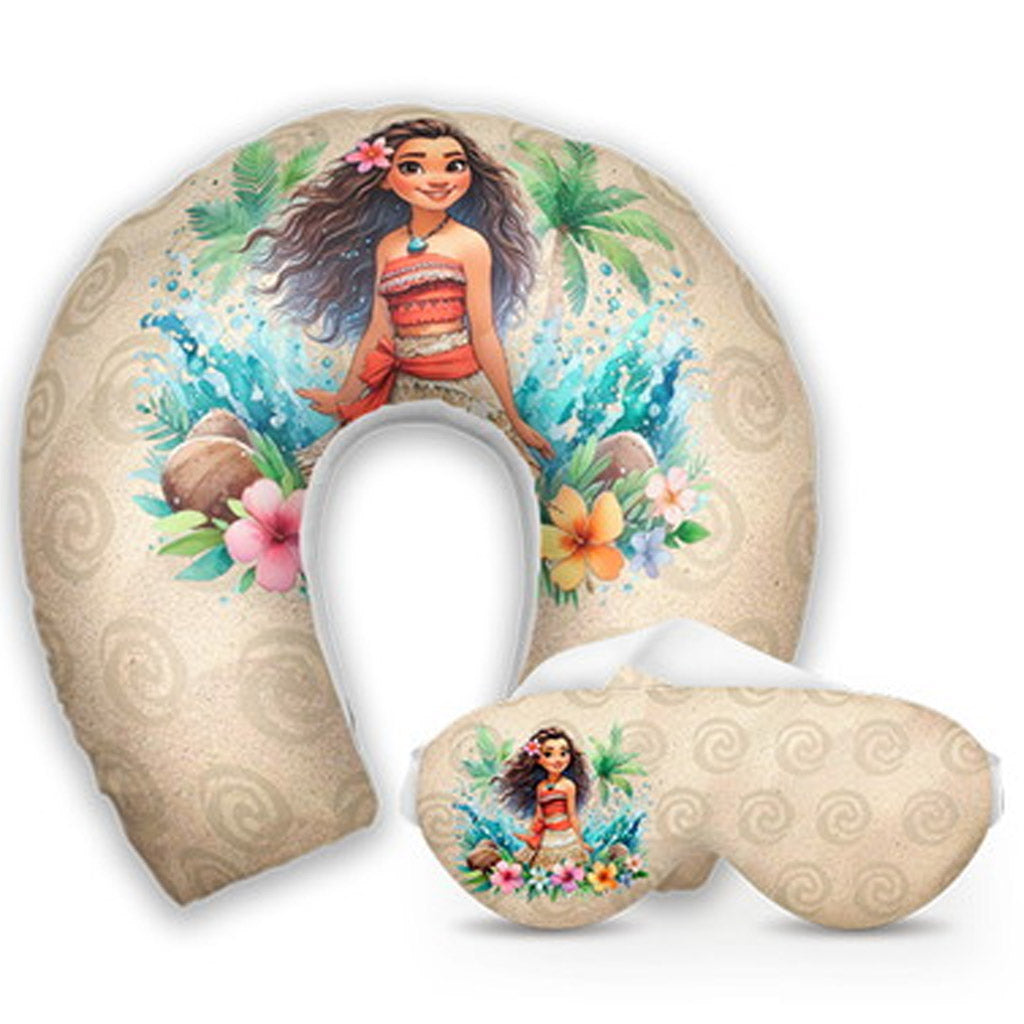 Kit infantil Moana: almofada de pescoço e máscara de dormir personalizadas, estampa flores.