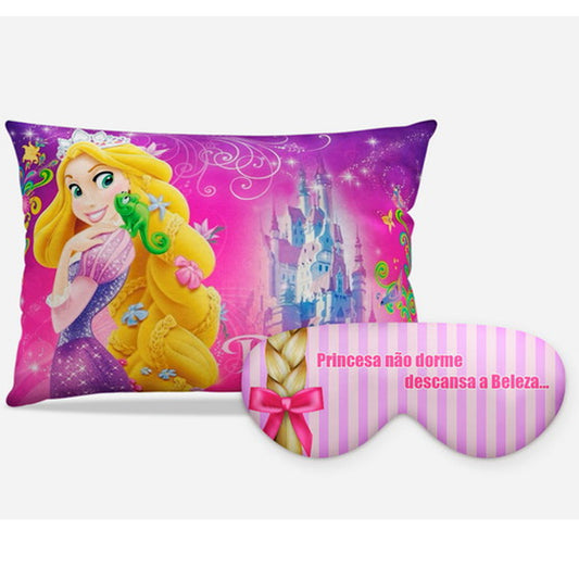 Kit Rapunzel personalizado: almofada retangular e máscara de dormir, estampa rosa listrado.