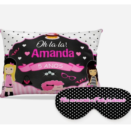 Kit Paris personalizado: almofada retangular e máscara de dormir, estampa poás e rosa.