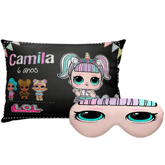 Kit LOL Surprise personalizado: almofada retangular e máscara de dormir, estampa preto.