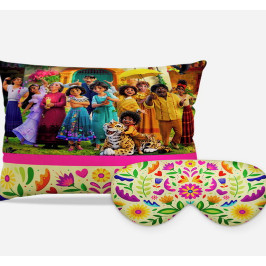 Kit Encanto personalizado: almofada retangular e máscara de dormir, estampa flores coloridas.