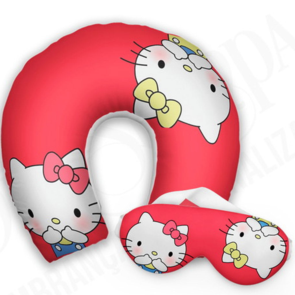 Kit infantil Hello Kitty: almofada de pescoço e máscara de dormir personalizadas, estampa vermelho.