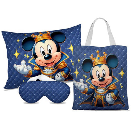 Kit Mickey personalizado: almofada 20x30 cm, ecobag 25x32 cm e máscara de dormir, estampa estrelas.