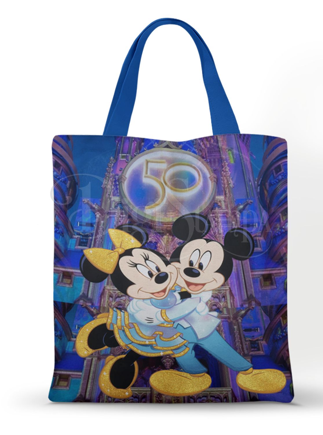 Ecobag personalizada Mickey e Minnie: azul com castelo, com alças.