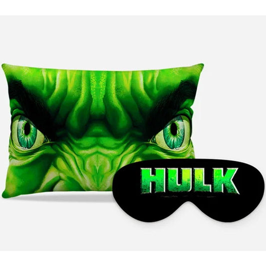 Kit Hulk personalizado: almofada retangular e máscara de dormir, estampa verde e preto.