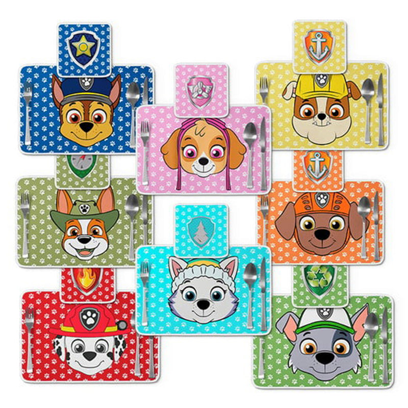 Jogo americano Patrulha Canina, personagens com poás, com porta-prato e porta-copo.