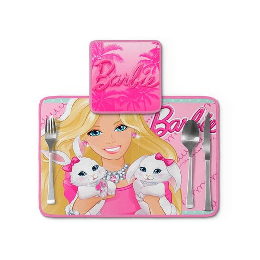 Jogo americano Barbie, rosa com cachorrinhos, com porta-prato e porta-copo.