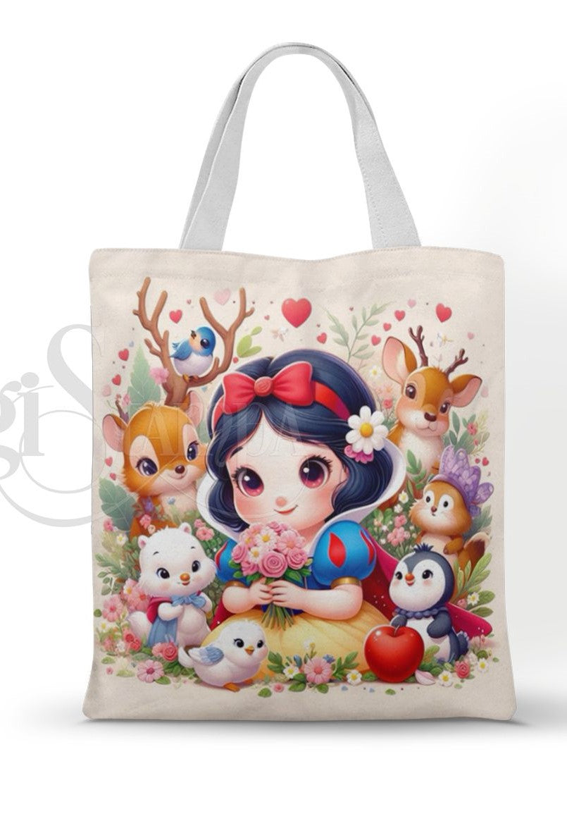 Ecobag personalizada Branca de Neve: animais e flores, com alças.
