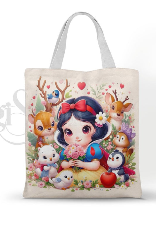 Ecobag personalizada Branca de Neve: animais e flores, com alças.