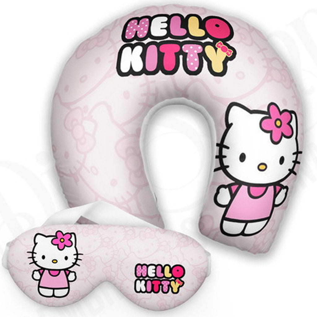 Kit infantil Hello Kitty: almofada de pescoço e máscara de dormir personalizadas, estampa flores.