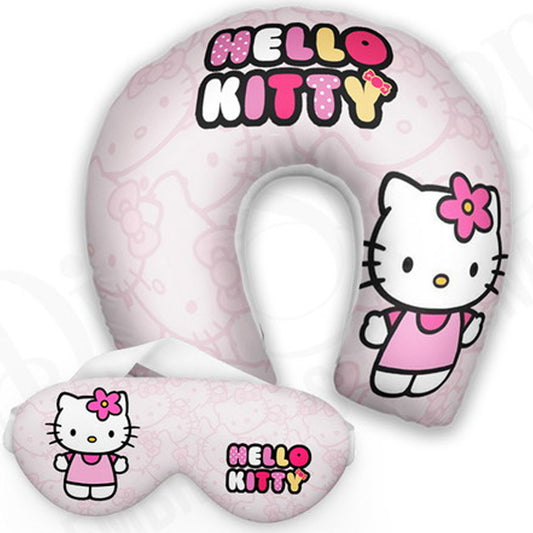 Kit infantil Hello Kitty: almofada de pescoço e máscara de dormir personalizadas, estampa flores.