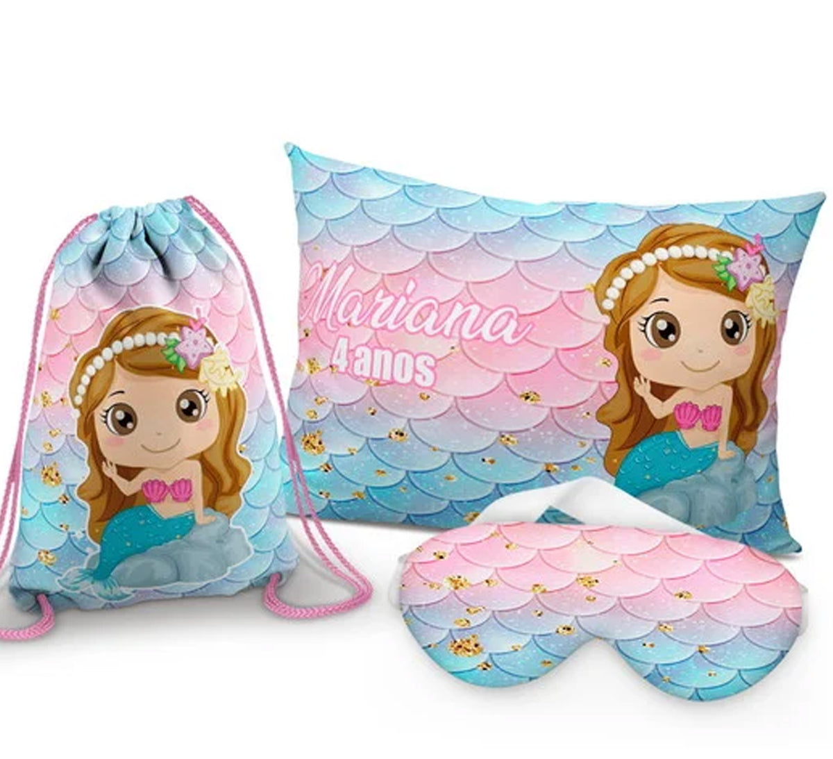 Kit Sereia, rosa e azul com escamas, com almofada, sacochila e máscara de dormir.