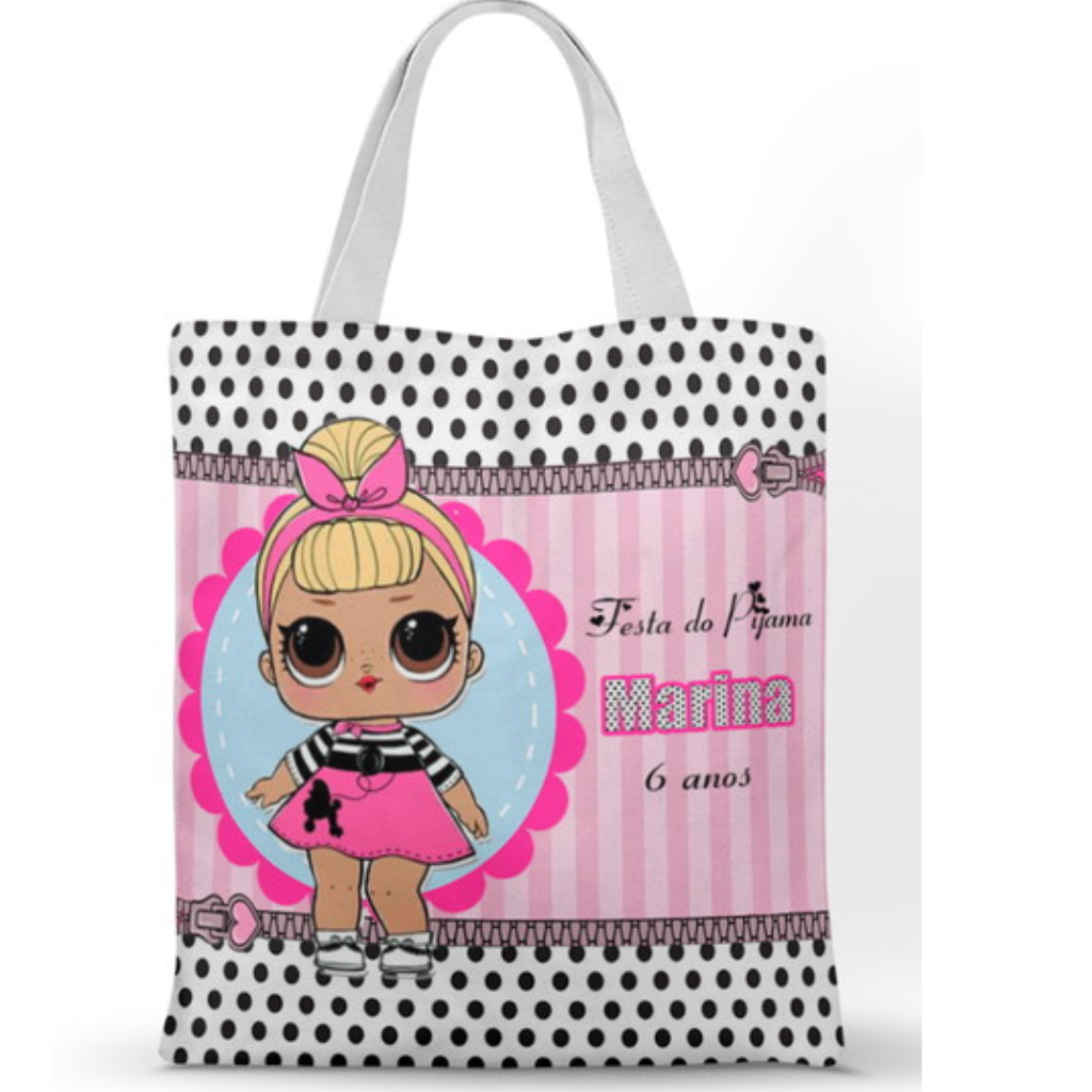 Ecobag personalizada LOL Surprise: rosa com listras e poás, com alças.