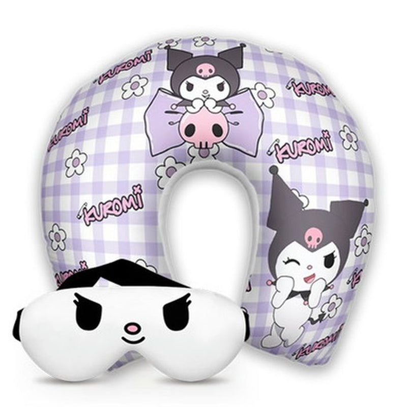 Kit infantil Kuromi: almofada de pescoço e máscara de dormir personalizadas, estampa xadrez.
