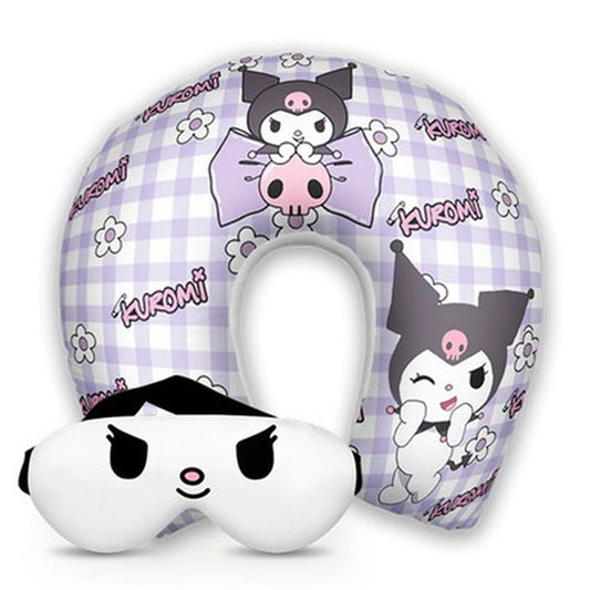 Kit infantil Kuromi: almofada de pescoço e máscara de dormir personalizadas, estampa xadrez.