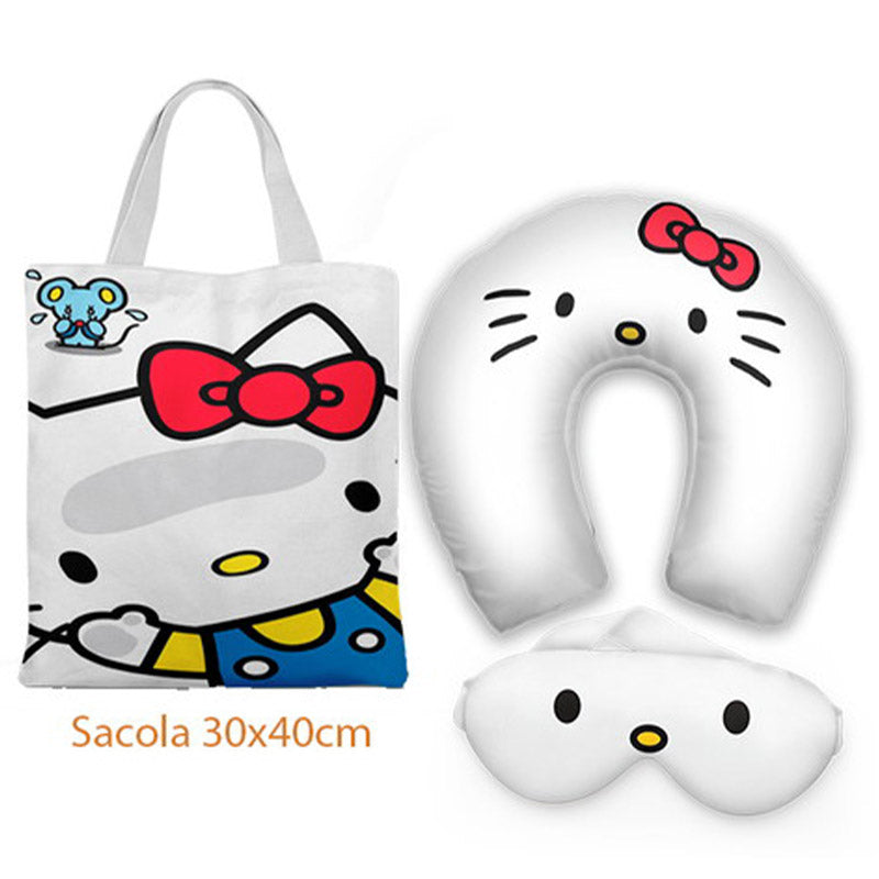 Kit Hello Kitty personalizado: almofada de pescoço infantil, ecobag 36x42 cm e máscara de dormir, estampa branco.