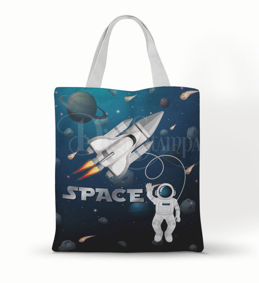 Ecobag personalizada Espaço: azul com foguete e planetas, com alças.