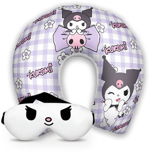 Kit infantil Kuromi: almofada de pescoço e máscara de dormir personalizadas, estampa xadrez.