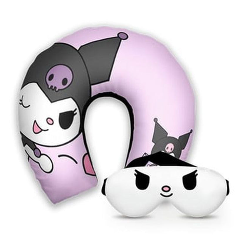Kit infantil Kuromi: almofada de pescoço e máscara de dormir personalizadas, estampa rosa.