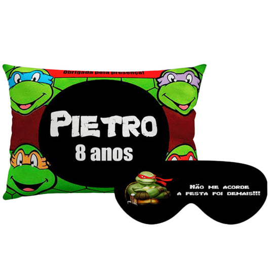 Kit Tartarugas Ninja personalizado: almofada retangular e máscara de dormir, estampa verde.