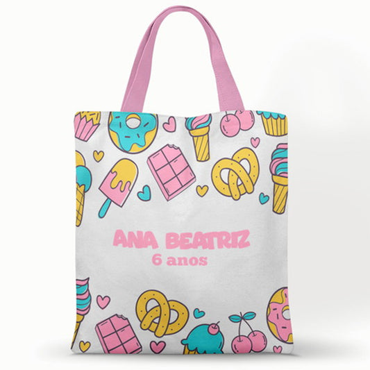 Ecobag personalizada Confeitaria: doces coloridos e rosa, com alças.