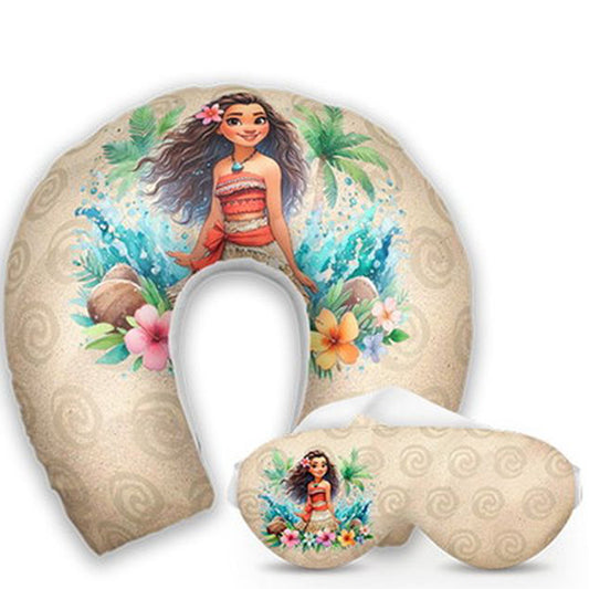 Kit infantil Moana: almofada de pescoço e máscara de dormir personalizadas, estampa flores.