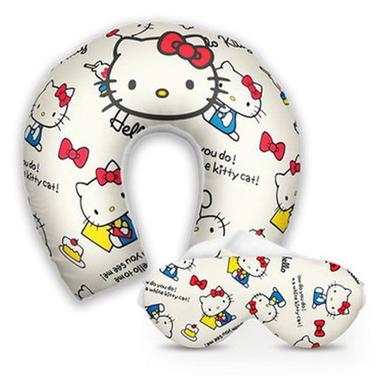Kit infantil Hello Kitty: almofada de pescoço e máscara de dormir personalizadas, estampa branco.