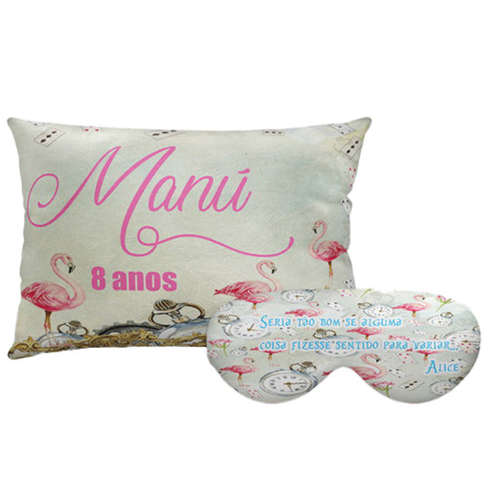 Kit Alice personalizado: almofada retangular e máscara de dormir, estampa flores rosa.