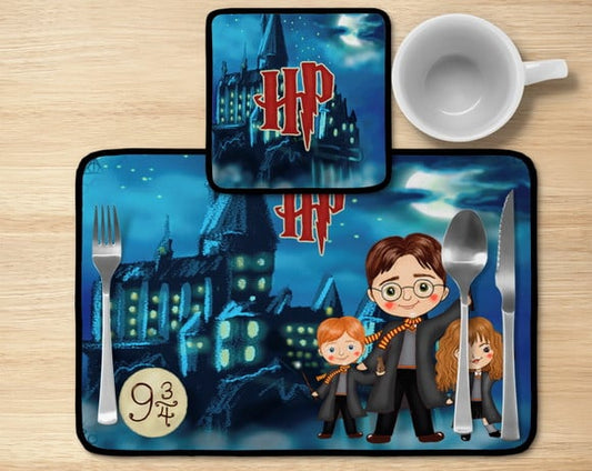 Jogo americano Harry Potter, azul com castelo, com porta-prato e porta-copo.