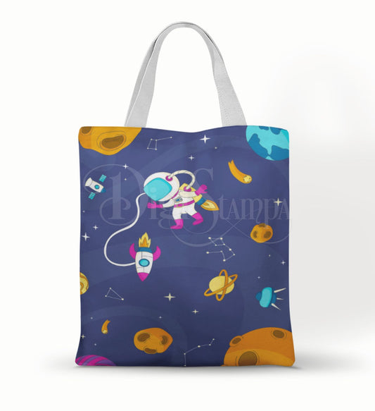 Ecobag personalizada Astronauta: azul com planetas, com alças.