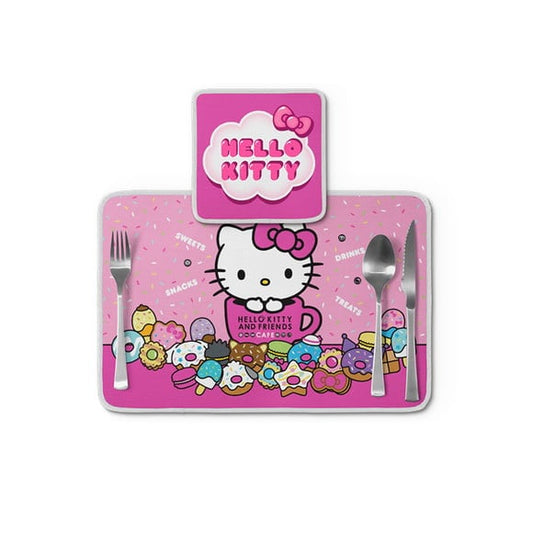 Jogo americano Hello Kitty, rosa com doces coloridos, com porta-prato e porta-copo.