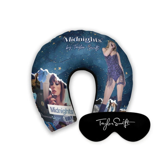 Kit infantil Taylor Swift: almofada de pescoço e máscara de dormir personalizadas, estampa azul.