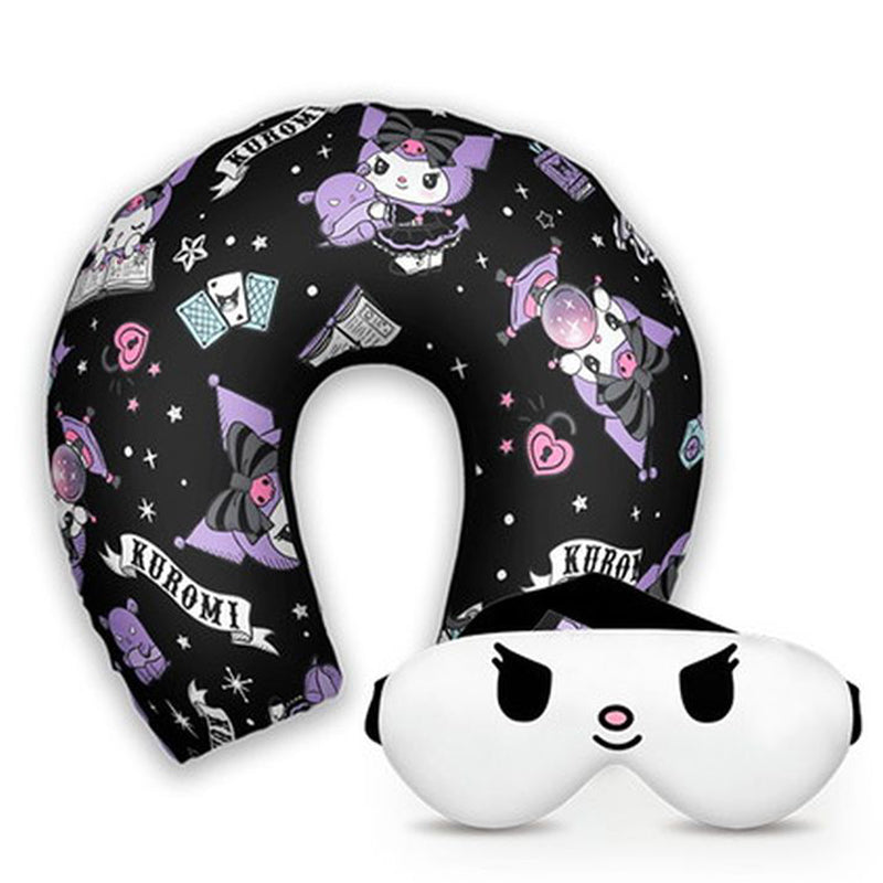 Kit infantil Kuromi: almofada de pescoço e máscara de dormir personalizadas, estampa preto.