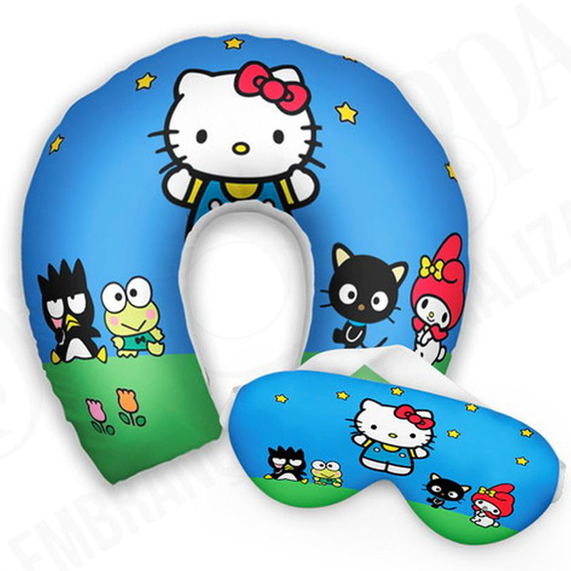 Kit infantil Hello Kitty: almofada de pescoço e máscara de dormir personalizadas, estampa azul.