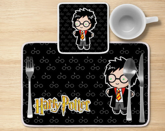 Jogo americano Harry Potter, preto com óculos, com porta-prato e porta-copo.
