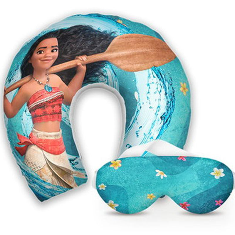 Kit infantil Moana: almofada de pescoço e máscara de dormir personalizadas, estampa mar azul.
