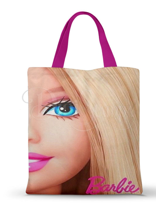 Ecobag personalizada Barbie: rosa com rosto ilustrado, com alças.