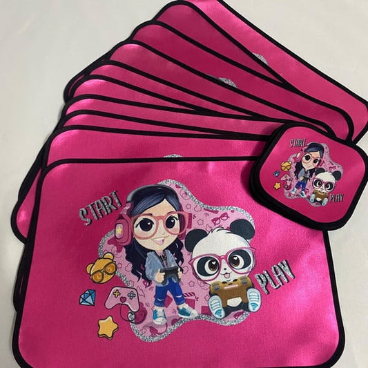 Jogo americano Luluca, rosa com panda, com porta-prato e porta-copo.