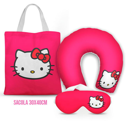 Kit Hello Kitty personalizado: almofada de pescoço infantil, ecobag 36x42 cm e máscara de dormir, estampa rosa.
