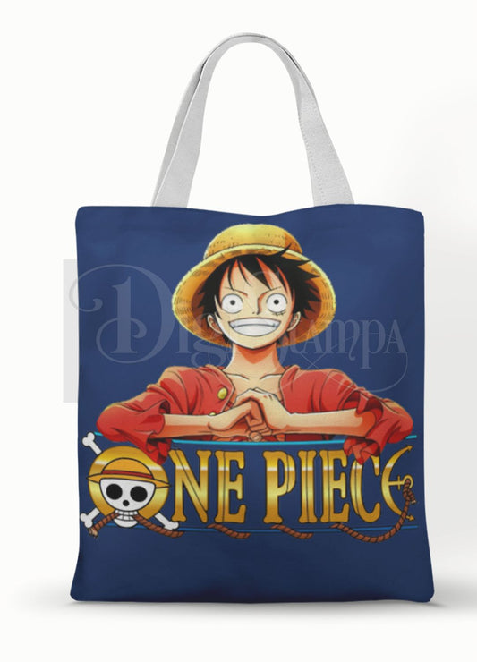 Ecobag personalizada One Piece: azul com luffy, com alças.