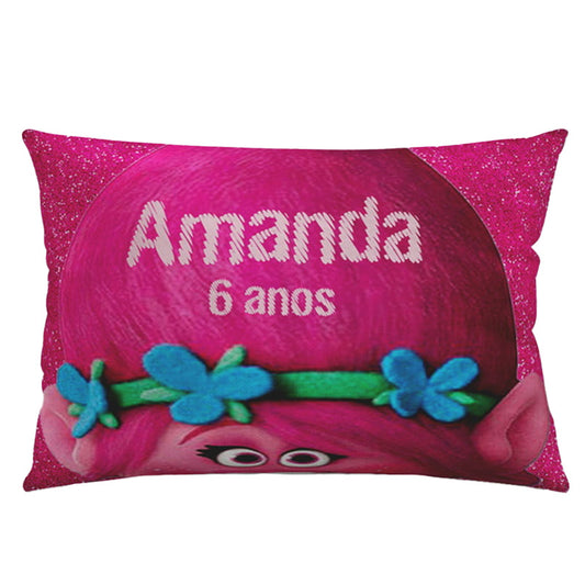 Almofada personalizada Retangular: Trolls Rosa com Flores Azuis