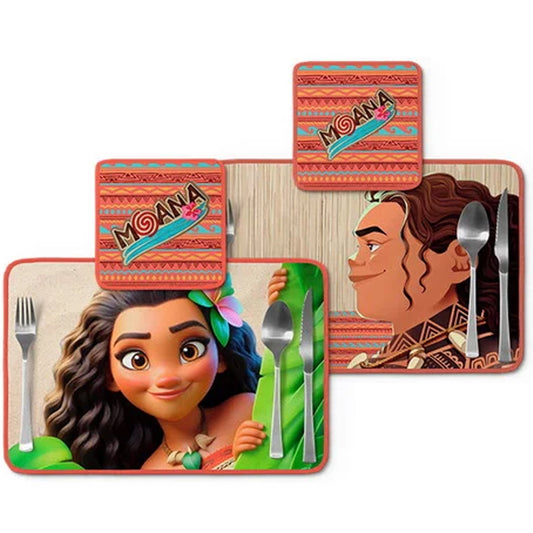Jogo americano Moana, verde com maui, com porta-prato e porta-copo.