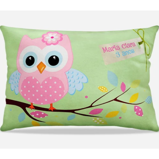Almofada personalizada Retangular: Corujinha Rosa com Fundo Verde