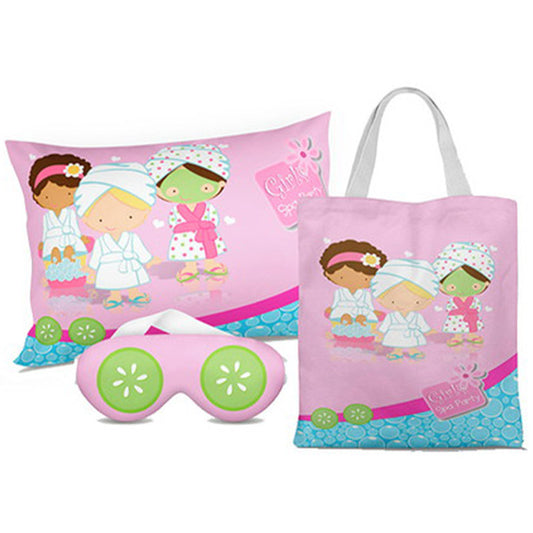 Kit Spa personalizado: almofada 20x30 cm, ecobag 25x32 cm e máscara de dormir, estampa rosa e verde.