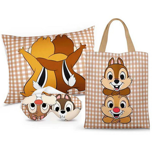 Kit Tico e Teco personalizado: almofada 20x30 cm, ecobag 25x32 cm e máscara de dormir, estampa xadrez.